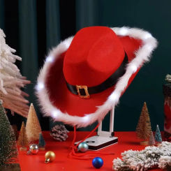 Fashion Christmas Cowboy Hats LED Luminous Red Velvet And White Feather Santa Hat Women Girls Cosplay Tiara New Year Party Decor