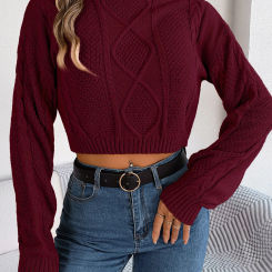 Autumn Winter Solid Short Sweater Casual Knitted Long Sleeve Pullover Women Clothing Crop Top Gray Army Green Red