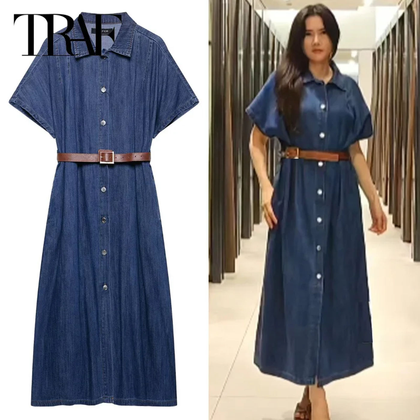 Description Picture 4 of itemTRAF Womens Blue Denim Dress Summer 2025 Woman Elegant Casual Women's Dresses Button Up Belt Long Dresses Vacation Vestidos 066