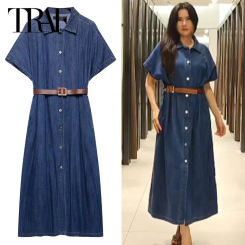 TRAF Womens Blue Denim Dress Summer 2025 Woman Elegant Casual Women's Dresses Button Up Belt Long Dresses Vacation Vestidos 066