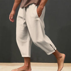 Men Pants Solid Color Drawstring Elastic Waist Loose Cropped Pants Pockets Split Deep Crotch Summer Vacation Beach Trousers