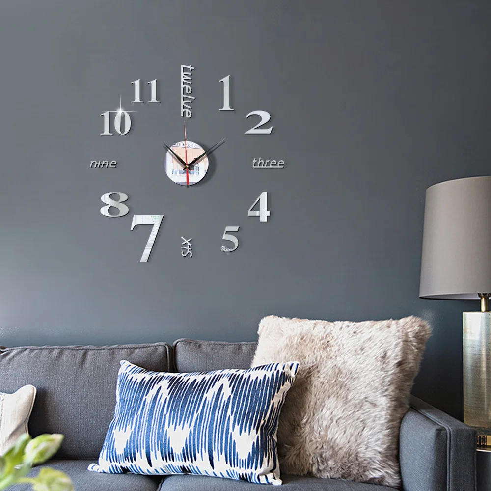 Description Picture 4 of item3D Large Modern Wall Clock Roman Number Quartz Needle Digital Clocks Art Decals Acrylic Mirror Stickers Living Room Home Decor