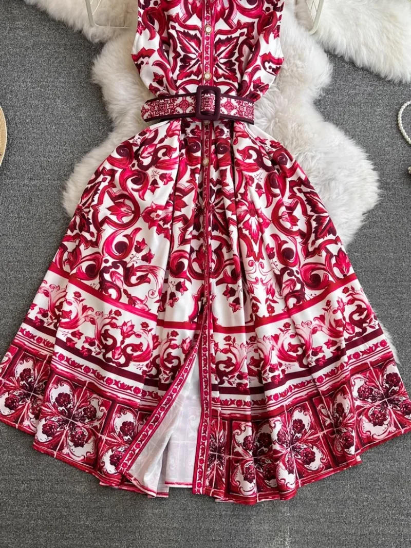Description Picture 5 of itemHikigawa Chic Fashion Women Summer Vintage Turn Down Collar Sleeveless Dresses Belted Slim Waisat Blue White Print Vestidos