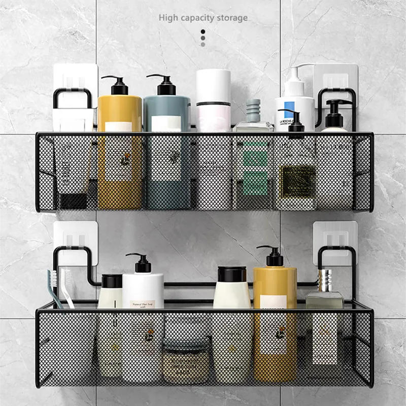 Description Picture 3 of itemWall-mount Bathroom Shelf Shower Shampoo Rack Toilet Accessories Kitchen Free Punch Condiment Storage Basket Bathroom Organizer