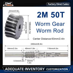 1pcs 2 Modulus 50 Teeth Reducer Worm Gear Process Hole And 2M Worm Rod Transmission Ratio 1:50 45# Steel For CNC Parts