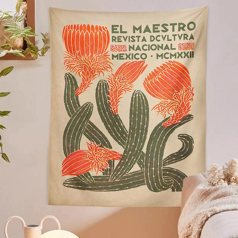 Description Picture 6 of itemBotanical Cactus Tapestry Wall Hanging Retro Flower background Hippie Bohemian Tapestries Psychedelic poster Home Decor print
