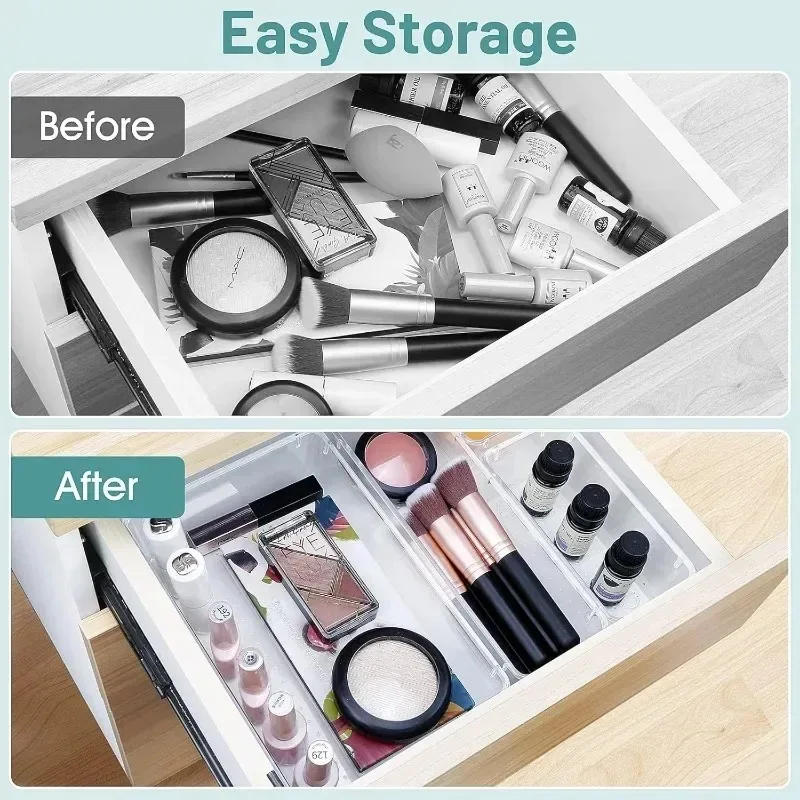 Description Picture 5 of item24/16/8/4pcs Drawer Organizers Set Clear Plastic Desk Dividers Bins Bedroom Dresser Office Storage Box for Makeup Gadgets