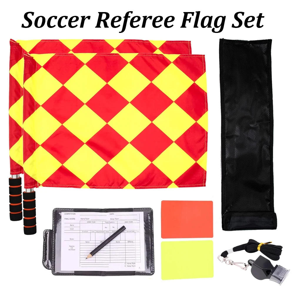 Description Picture 2 of itemSoccer Referee Flag Set Checkered Linesman Flags Referee Cards with Record Book and Pencil Referee Whistle for Sports Football