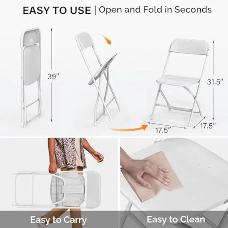 Description Picture 4 of itemZHENXIANG White Plastic Folding Chair, Indoor Outdoor Portable Stackable Commercial Seat with Steel Frame 350lb  Dinning Table