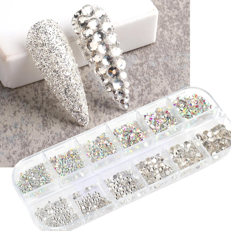 Description Picture 3 of item12 Grids Multi-size AB Crystal Nail Rhinestones Flat Bottom Crystal Diamond Stones Charms 3D Nail Art Decorations Manicure Parts