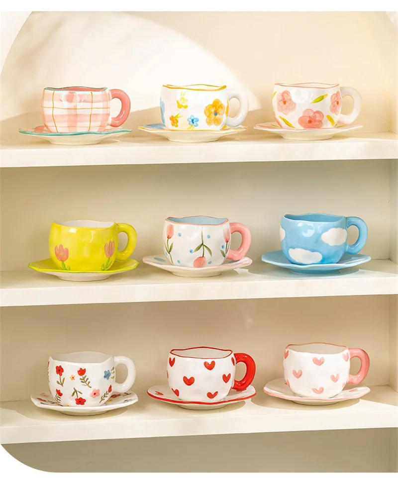 Description Picture 4 of item300ML Cute Hand Pinched Irregular Ceramic mug Flower Heart Pattern Coffee Cup Breakfast Milk tea cups Gift For Kids Girls