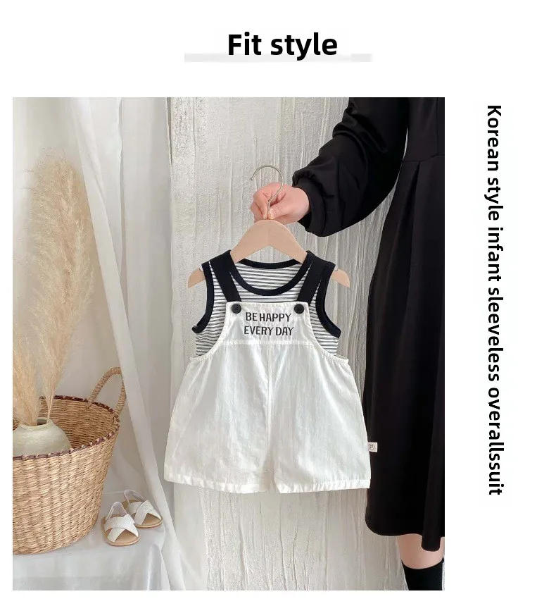 Description Picture 2 of itemChildren's vest set Korean version letter embroidered overalls summer new striped sleeveless top outdoor two-piece set