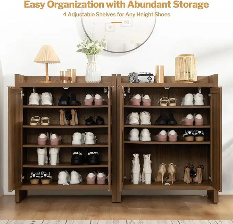 Description Picture 5 of itemShoe Cabinet 24 Pair Shoe Storage Organizer Cabinet 41" Tall Rattan Shoe Cabinet with Doors and Shelves 6-Tier Farmhouse