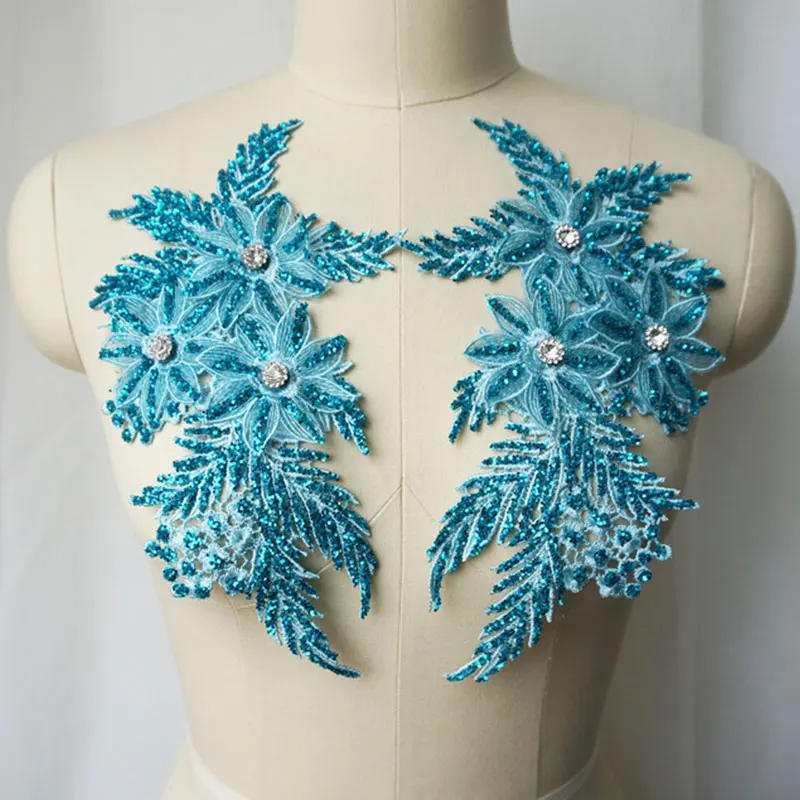 Description Picture 6 of item1pair Craft Material Rhinestone Flowers Cloth Patches 3D Sequin Embroidered Applique Lace Trim Wedding Bridal Sewing Accessory