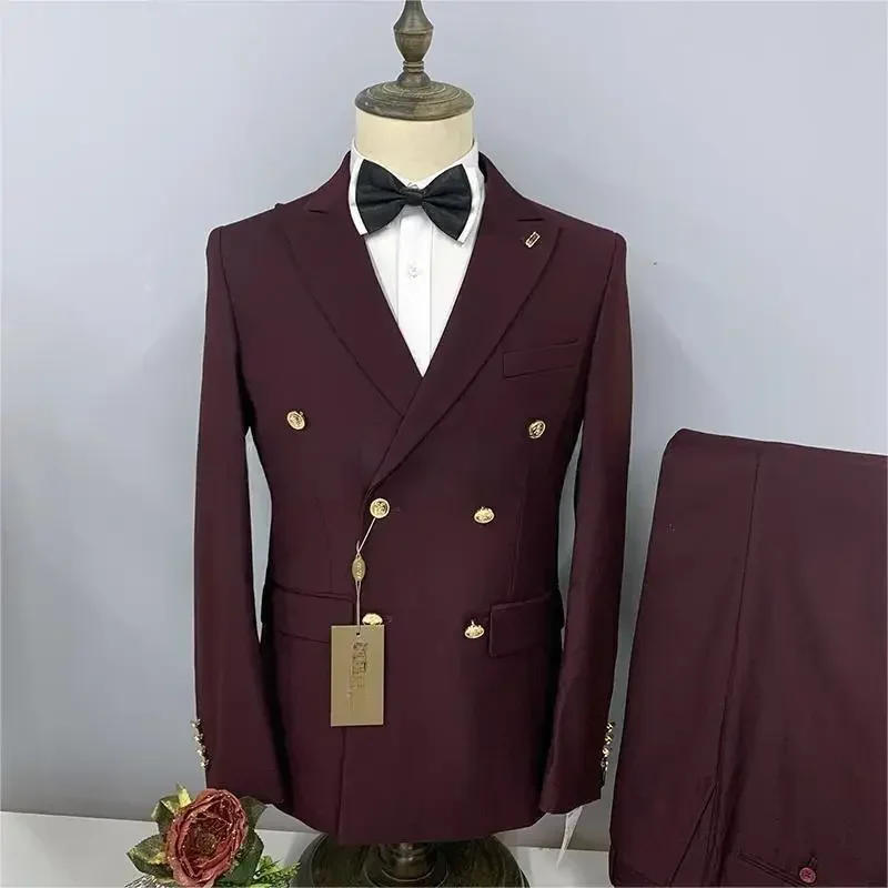 Description Picture 4 of item2024 Formal Business 2 Pieces Mens Suit Brown Tuxedos Double-breasted  Metal Jacket for Wedding Groom(Blazer+Pants)