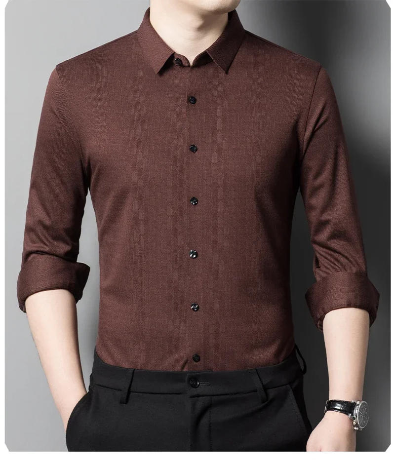 Description Picture 3 of itemSeamless Wool Men's Dress Shirts Luxury Solid Color Long Sleeve Business Casual Single Breasted Male Shirts Plus Size 4XL
