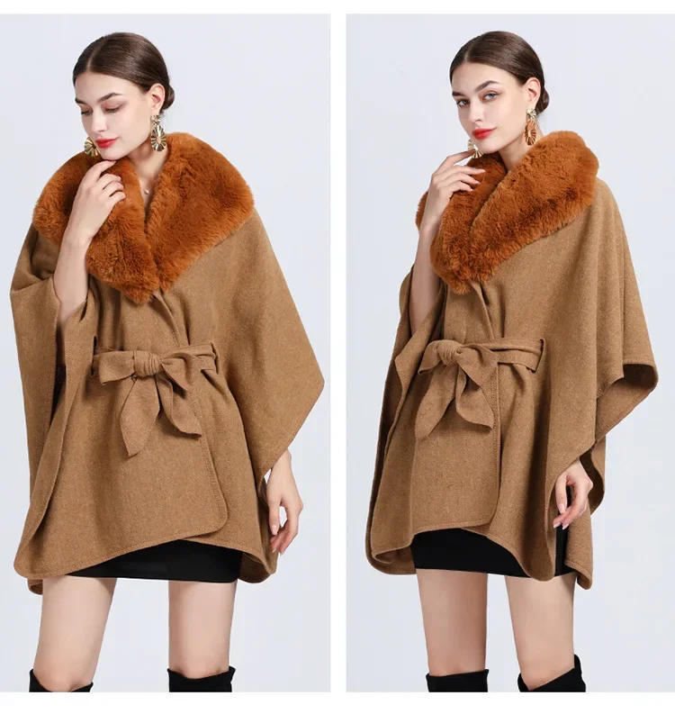 Description Picture 6 of item5 Colors Women Cardigan Triangle Neck Belt Out Streetwear Loose Cloak Winter Warm Woolen Poncho Cappa Faux Rabbit Fur Shawl Coat