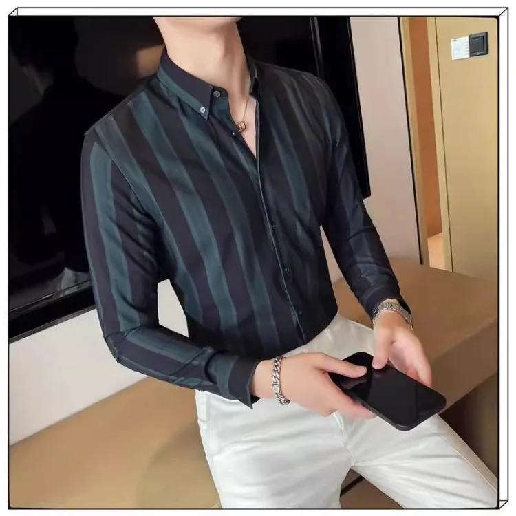 Description Picture 4 of itemClassics Contrasting Stripes Shirt for Men Summer Long Sleeve Casual Slim Fit Business Dress Shirts Slim Social Tuxedo Blouse