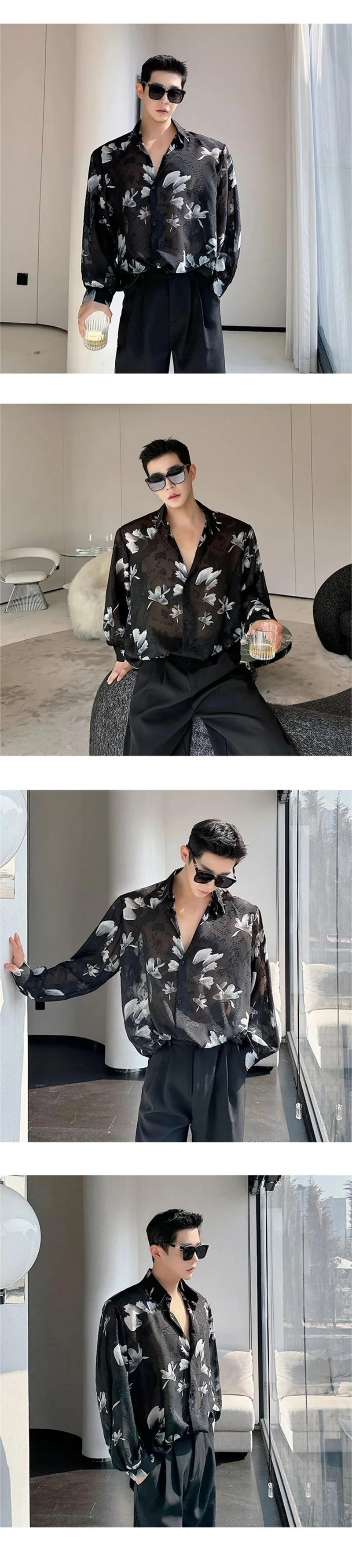 Description Picture 3 of itemMen See Through Lightweight Loose Casual Vintage Print Long Sleeve Party Dress Shirts Beach Blouses Man Performance Costumes