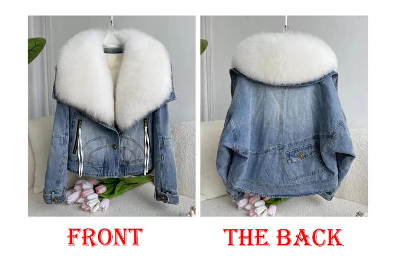 Description Picture 5 of item2024 Winter Women New Luxury Natural True Fox Fur Big Collar Goose Down Denim Down Jackets Short Warm Casual  Jacket Coat