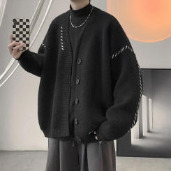 Men's Autumn/winter Loose-fit V-neck Knitted Top Cardigan Sweater Outer Wear