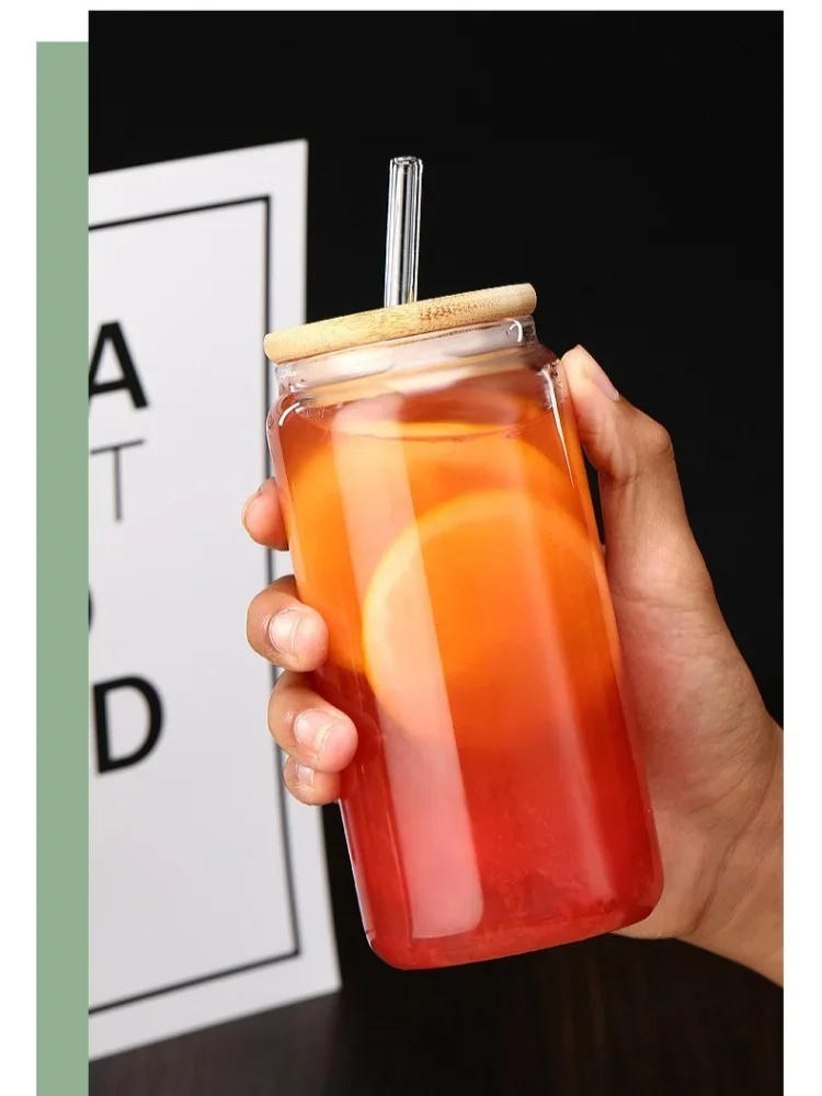 Description Picture 3 of item450/550mlGlass Cup with Lid and Straw Bubble Tea Cup Juice Glass Beer Can Milk Mocha Cup Breakfast Mug Drinkware Transparent