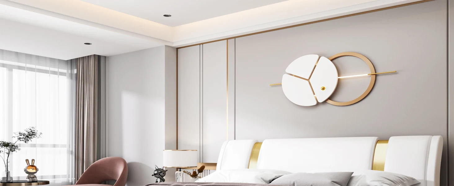 Description Picture 2 of itemModern Faux Leather Upholstered Platform Bed Frame with Golden Iron Metal Decor, Adjustable Curved Headboard, Queen White-golden