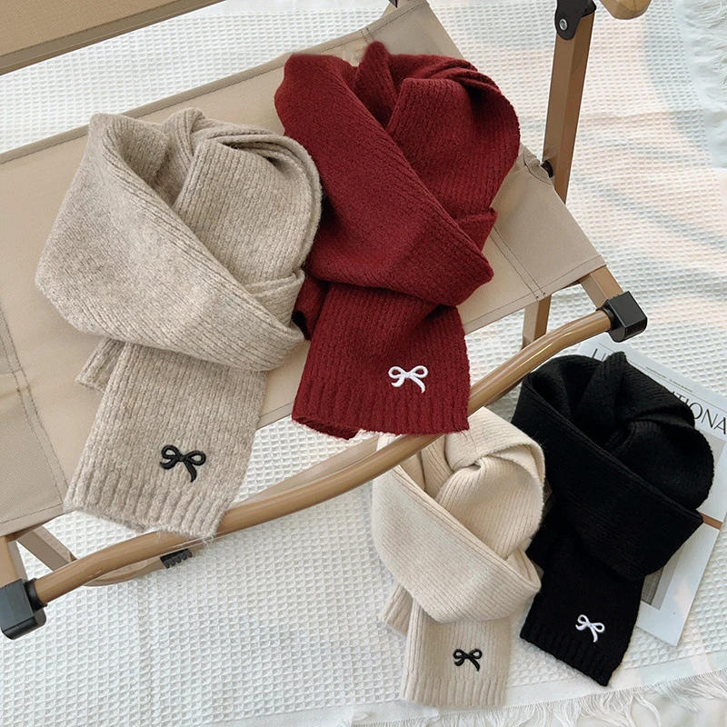 Description Picture 3 of itemWinter Wool Scarf for Kids Thicken Warm Knitted Scarves Solid Color Bow Embroidered Children Boy Girl Neckerchief