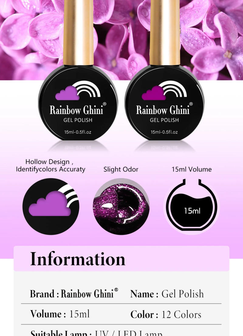 Description Picture 4 of itemRainbow Ghini UV LED Glitter Purple Gel Nail Polish 15ml Manicure Art Accessories Nail Glue Supplies for Professionals Varnishes