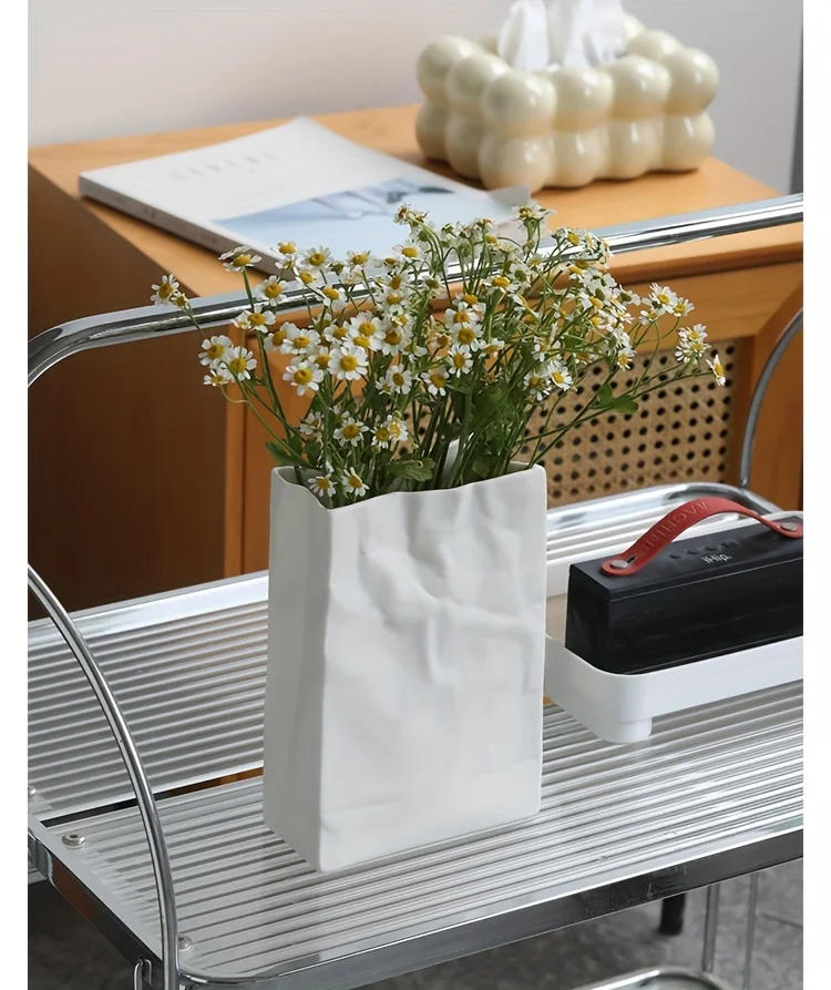 Description Picture 5 of item1pc Nordic Boho Style Ceramic Vase - Unique Crinkle Paper Bag Design for Modern Home Decor, Weddings, Parties, and Gifts