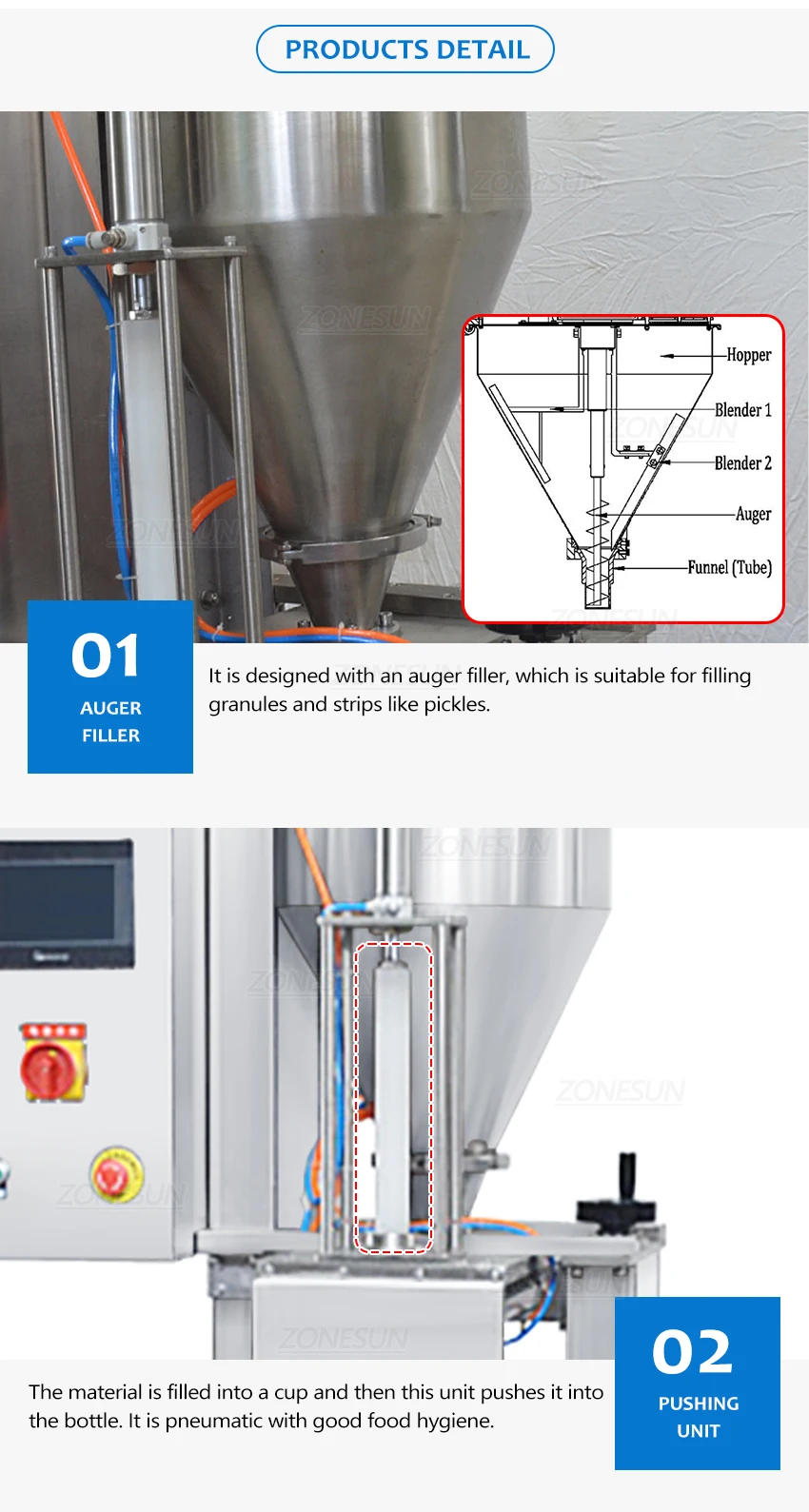 Description Picture 6 of itemZONESUN Pickles Filling Machine Auger Filler Jar Bottle Garlic Sauerkraut Pickled Foods Fermented Soya Beans Production