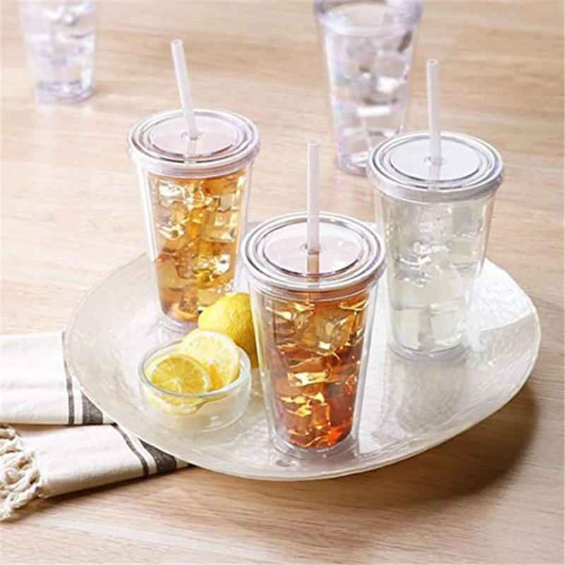 Description Picture 6 of item16oz Double Wall Clear Plastic Tumblers With Lids And Straws Coffee Cup Reusable Water Bottle Transparent Fruit Cup Home Use