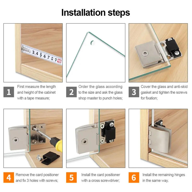 Description Picture 5 of itemNew Zinc Alloy Glass Door Hinge Side Mounted Self-closing Frameless Clamp No Drilling Hardware Cabinet Door Hinge Glass Door