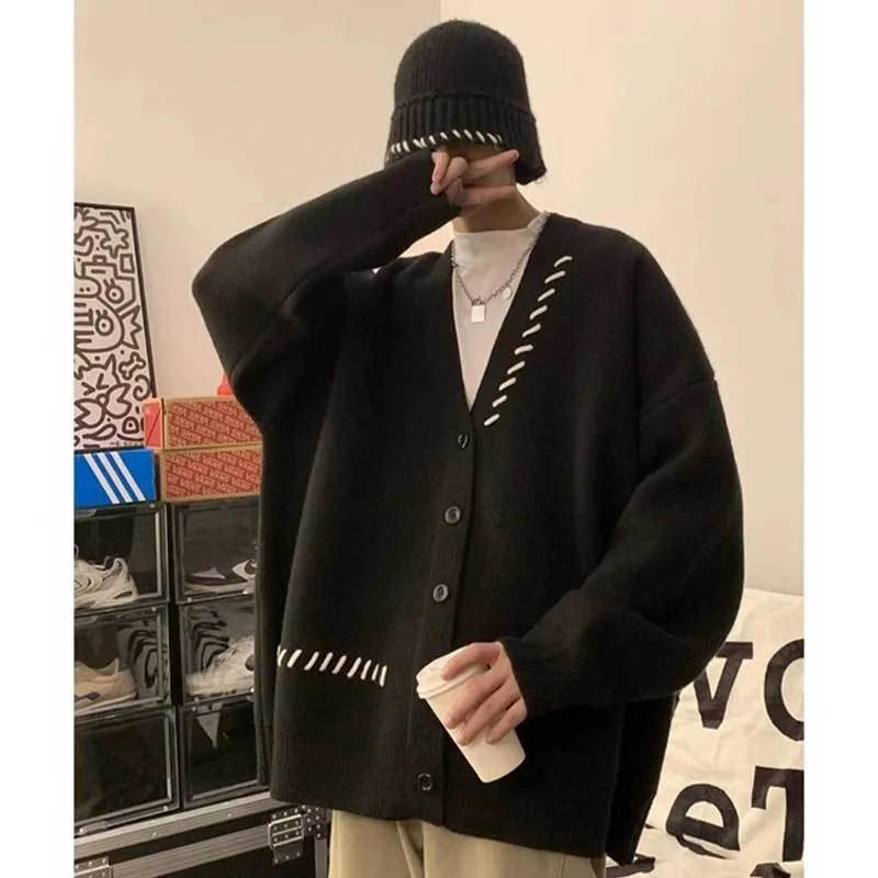 Description Picture 3 of itemCasual Knitted Cardigan Men Lazy Style Contrast Braided Stripe Handsome V-Neck Sweater Hot Selling Retro Couple Knitted Clothes