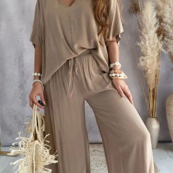 Spring Summer Casual Loose Two Piece Sets Fashion V Neck Backless Top & Straight Pants Set Elegant Women Batwing Sleeve Outfits
