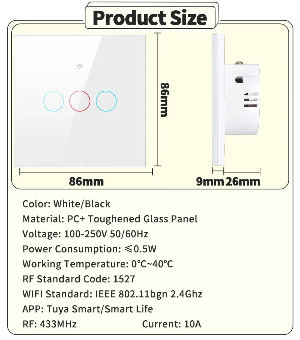 Description Picture 4 of itemTuya WiFi Smart Switch EU Neutral Wire/No Neutral Wire Required 1/2/3 Gang Wall Switch Voice Control Support Alexa Google Home