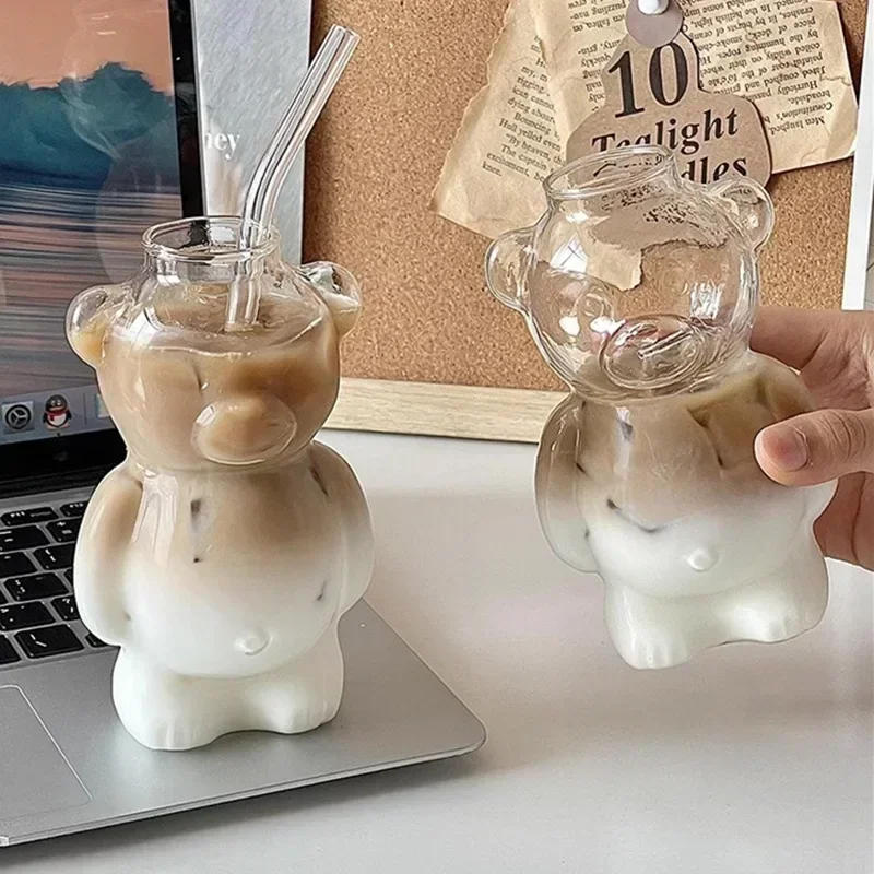Description Picture 4 of item320ML Creative Cute Bear Coffee Mug  with Straw Transparent Cup Beer Milk Coffee Water Cups Wholesale Glass Drinkware Mug Set