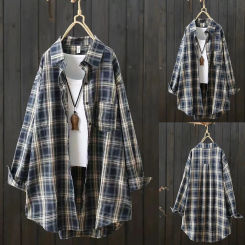 Women's Long Sleeve Blouse Fashionable and Harajuku Polo-Collar Mid-length Loose and Versatile Fashion Top 2025 New Plaid Shirt