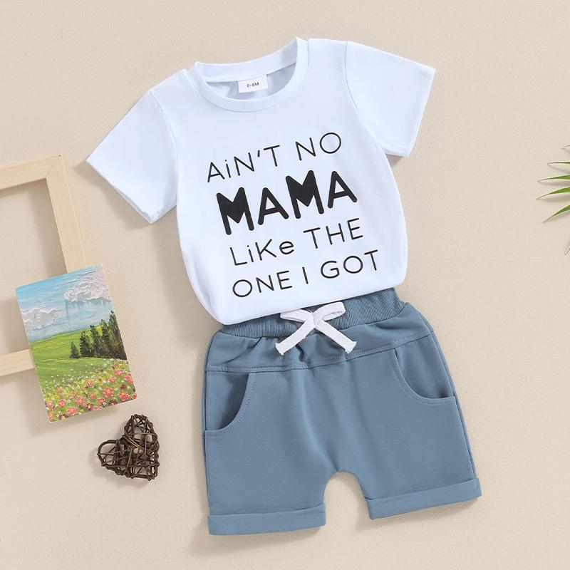 Description Picture 4 of itemBaby Boy 2 Piece Outfits Round Neck Short Sleeve Letter Print Tops Elastic Waist Shorts Summer Set for Infant Toddler