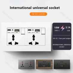 Universal 18W Type-C Plug Quick Charging Dual 3-pin Power Socket 220V,Wall electrical Socket with DC 5V 3.1A Type-c USB Charger