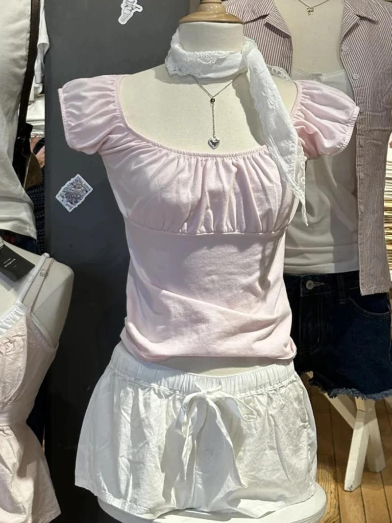 Description Picture 4 of itemPink Ruffle Slim Short Sleeve Tee Women Summer Square Collar Cotton Mesh Folds T-shirts Female Aesthetic Sweet Cute Y2K Tops New