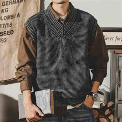 American Vintage Spring New Sleeveless Men Sweater Vest Solid Fashion Trend Loose Patchwork Pullover V-neck Knitted Tank Tops