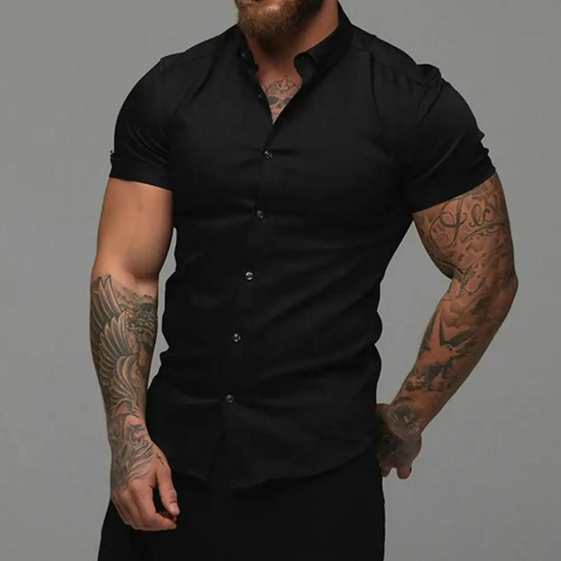 Description Picture 2 of itemSummer Fashion Short Sleeve Shirt Men Solid Super Slim Fit Male Social Business Dress Shirt Brand Men Gym Fitness Sport Clothing