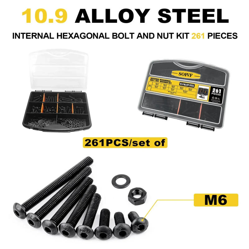 Description Picture 5 of item261Pcs M6 Push-Button Hex Screw, Black Oxide, Allen Drive, Hex Screw, Nut, Washer Sorting Kit, For Wood, Bicycle Repair