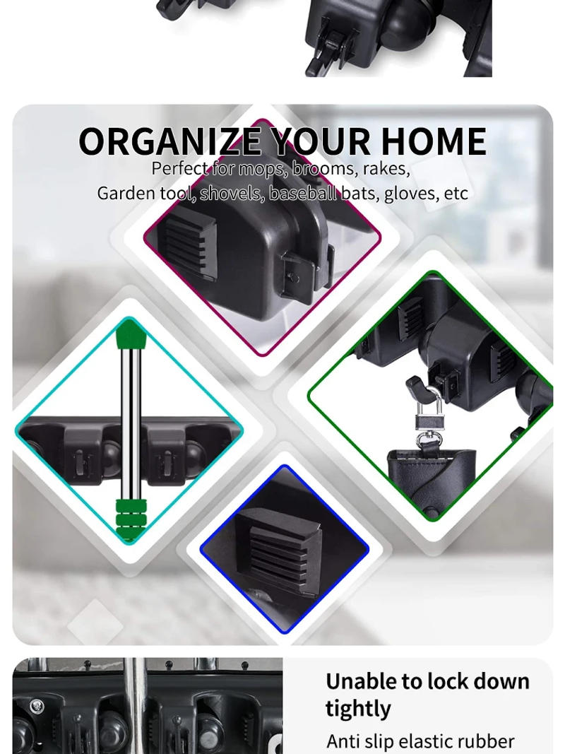 Description Picture 5 of itemWall Mounted Mop Holder 3/4/5 Position Multi-Functional Broom Hanger Shelf Home Kitchen Storage Black Magic Plastic Mop Holder