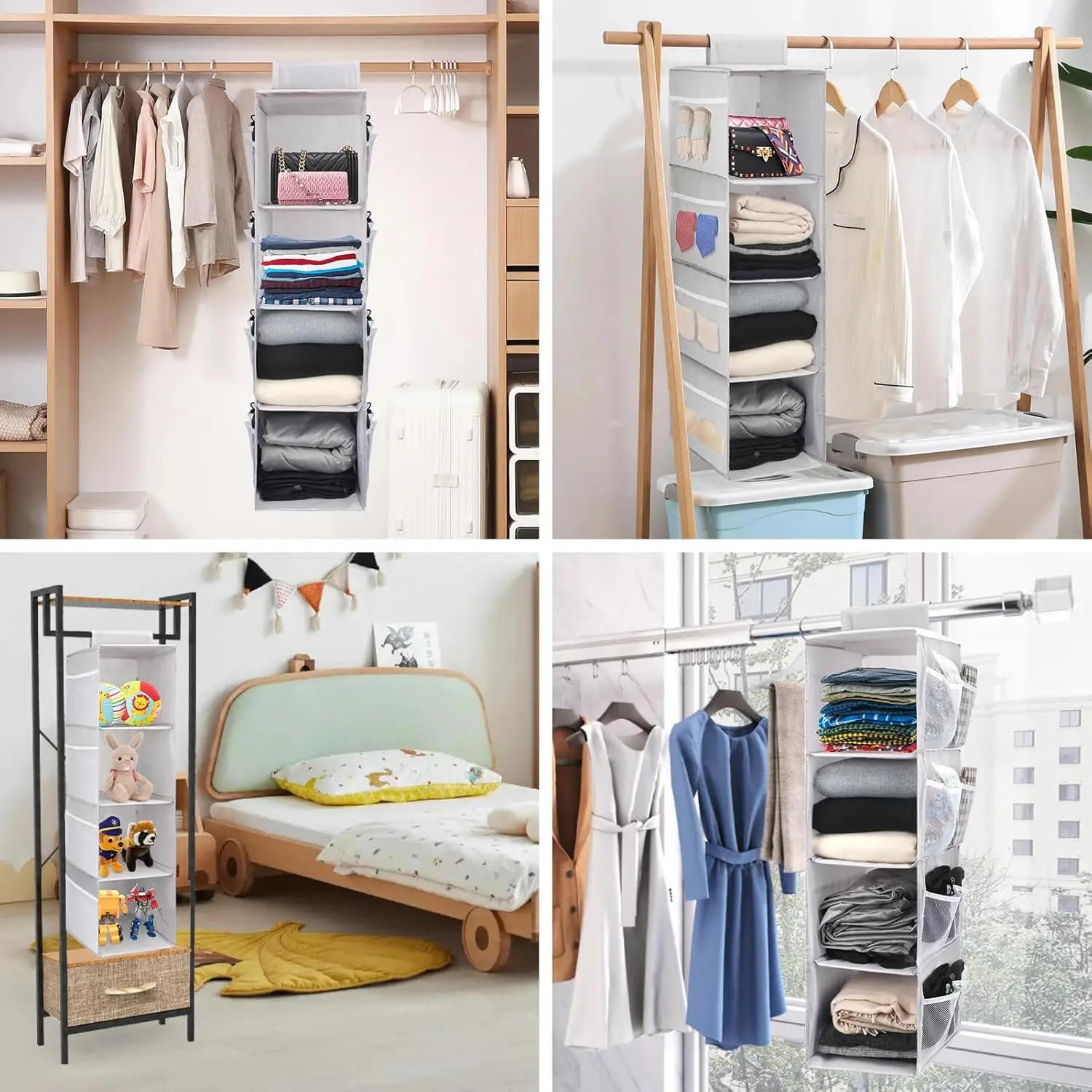 Description Picture 4 of itemSimple Houseware Hanging Closet Organizers Storage Gray Foldable 4 Shelves Closet Hanging Storage Shelves with Mesh Pockets