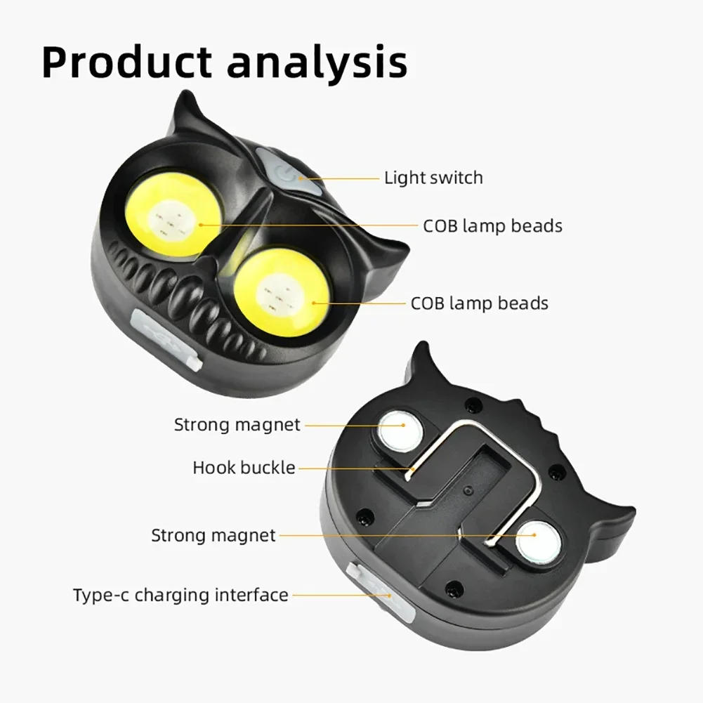 Description Picture 6 of itemCOB Owl Headlamp Waterproof USB Rechargeable Headlight with Hook and Magnetic for Adults Children Running Fishing Riding Camping