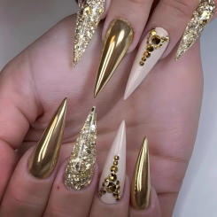 24 pieces of golden long almond diamond powder fake nails+1 piece of jelly glue+1 file