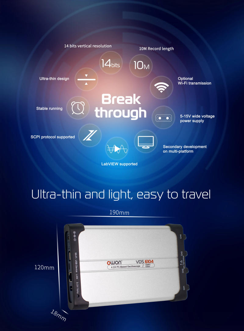 Description Picture 5 of itemOWON VDS6074A VDS6104A 14Bits Virtual PC Digital Oscilloscope 1Gsa/S 100Mhz Bandwidth 4CH Handheld Portable USB Oscilloscopes