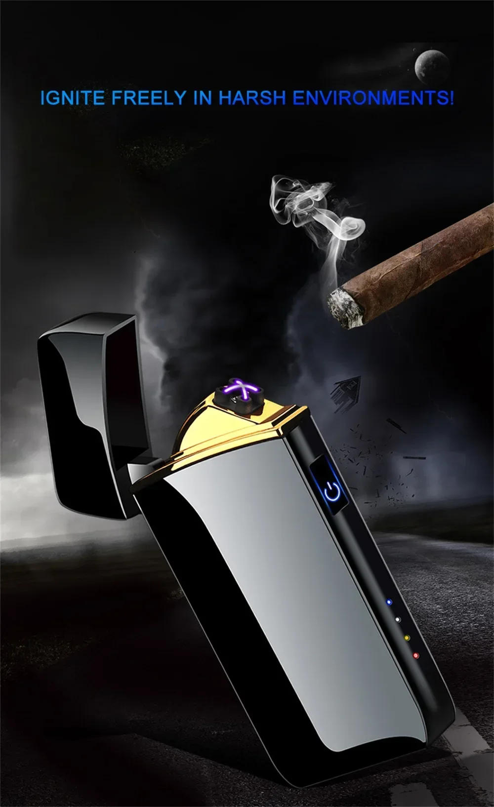 Description Picture 2 of item2025 Electric Windproof Metal Lighter Double Arc Flameless Plasma Rechargeable USB Lighter LED Power Display Touch Lighters Gift